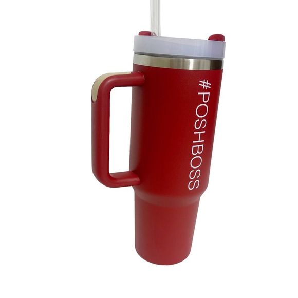POSHBOSS Stanley-like Steel Tumbler Cup Thermos Handle & Straw Red Poshswag 40oz - Picture 2 of 11